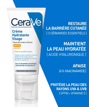 Cerave Crème Hydratante Visage SPF50 Pour Peaux NORMALES À SÈCHES