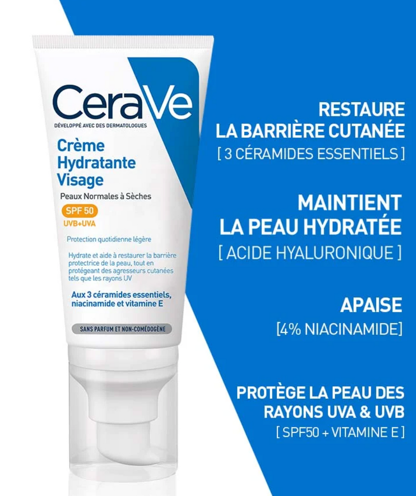 Cerave Crème Hydratante Visage SPF50 Pour Peaux NORMALES À SÈCHES