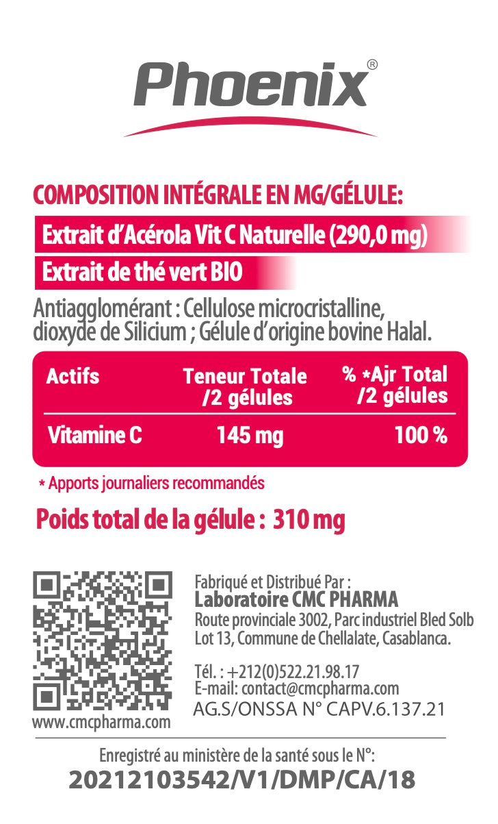 Phoenix Vitamin C Naturel à base d'Acerola Boite De 30 Gelules
